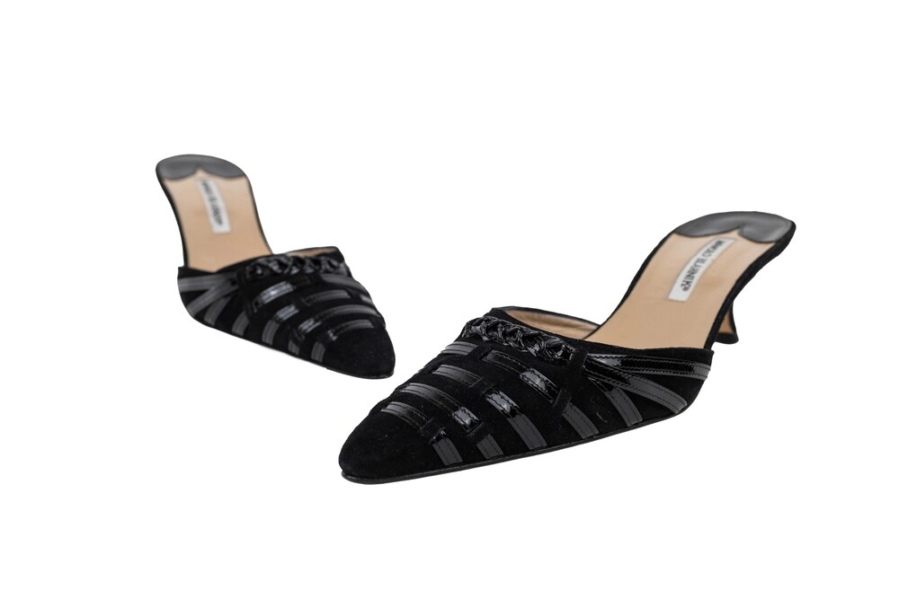 Manolo Blahnik Black Pointed-Toe Mules Suede Patent Leather Size 42